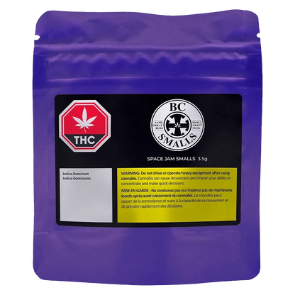 Front-facing purple pouch labeled "Space Jam Smalls" with a black product panel, THC octagon icon, BC Smalls logo, and yellow warning box.