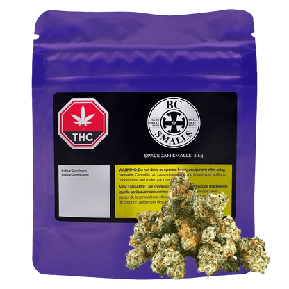 Front-facing shot of a purple pouch labeled Space Jam Smalls with a black and yellow warning panel and cannabis buds arranged at its base.