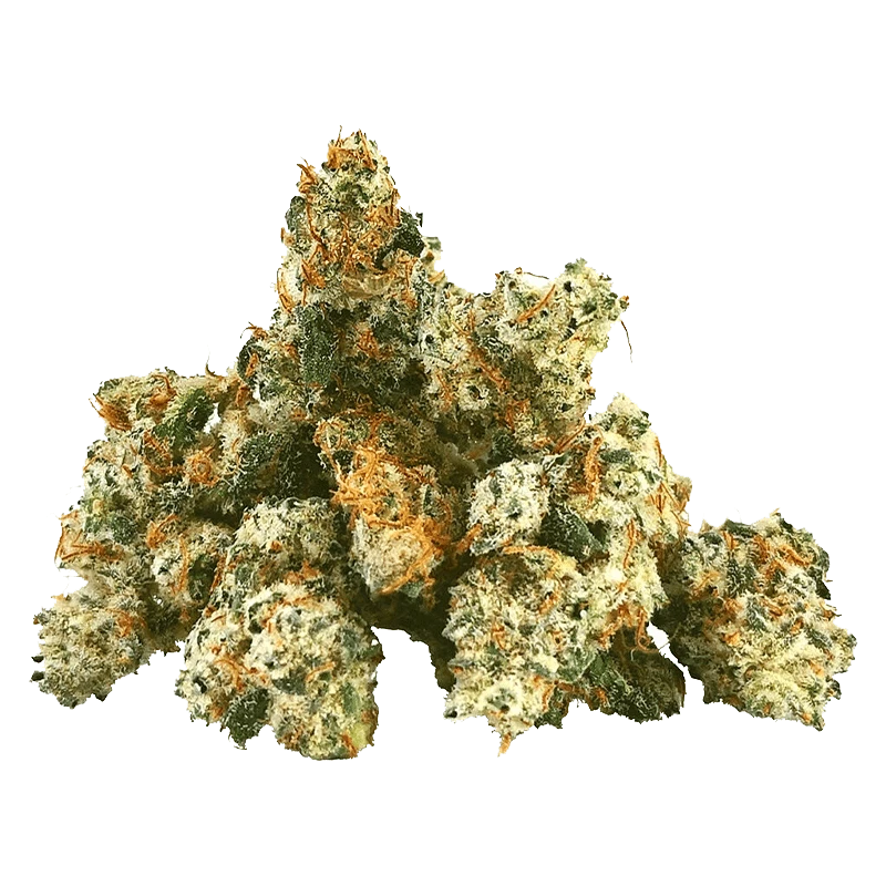 Close-up front view of a pile of frosty, orange-haired buds labeled Space Jam Smalls, shown against a plain backdrop.