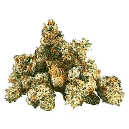 Close-up front view of a pile of frosty, orange-haired buds labeled Space Jam Smalls, shown against a plain backdrop.