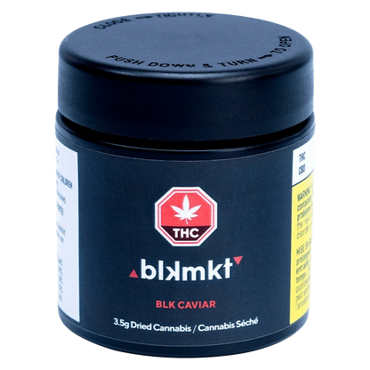 Three-quarter front view of the BLK Caviar black jar with a push-down lid, THC emblem and white-and-red label text.