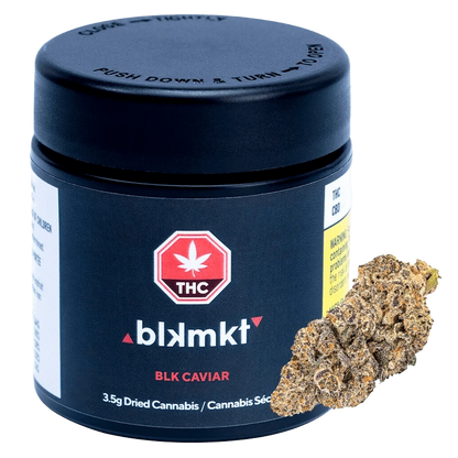 Front three-quarter view of the BLK Caviar black canister with red THC logo and a dried cannabis bud leaning against its right side.