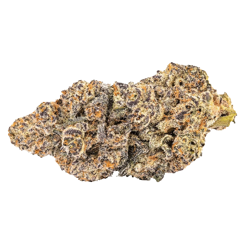 Close-up of a frosty purple and orange nugget of BLK Caviar viewed from the side against a plain white background.