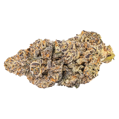 Close-up of a frosty purple and orange nugget of BLK Caviar viewed from the side against a plain white background.