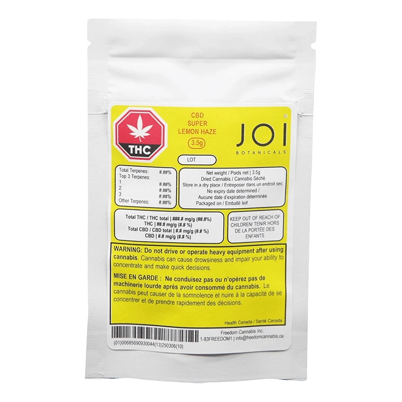 Front-facing shot of a white pouch labeled "CBD Super Lemon Haze" by JOI Botanicals with a yellow product panel and THC emblem.