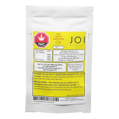 Front-facing shot of a white pouch labeled "CBD Super Lemon Haze" by JOI Botanicals with a yellow product panel and THC emblem.