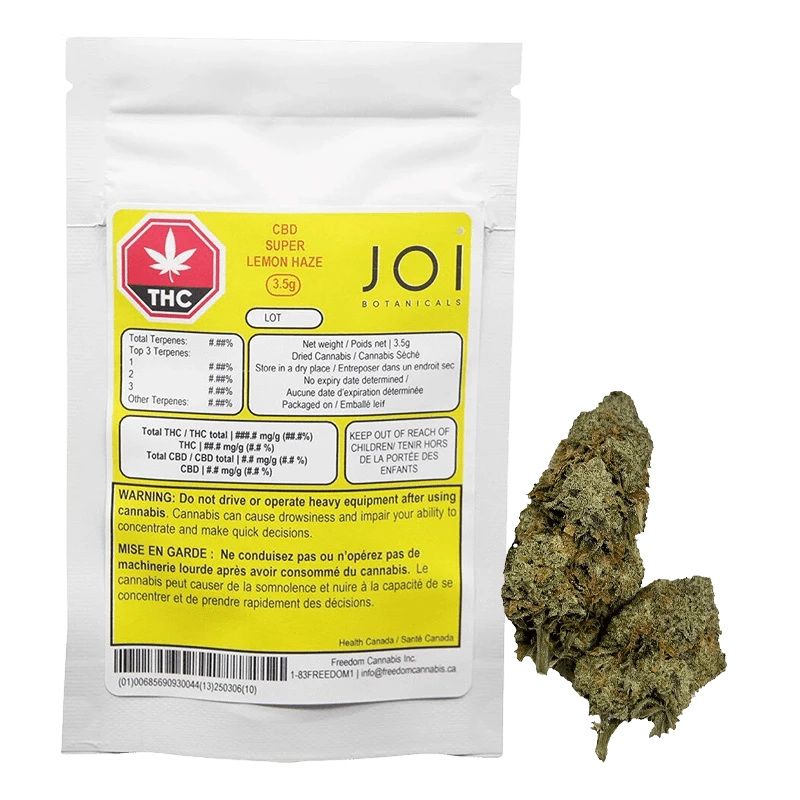 White pouch with a yellow JOI Botanicals CBD Super Lemon Haze label at left and two cannabis buds at right, shown on a plain white background.