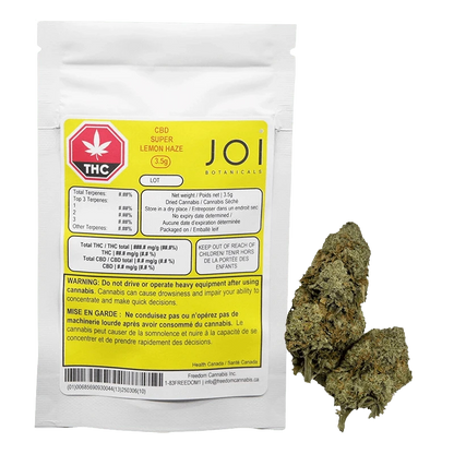 White pouch with a yellow JOI Botanicals CBD Super Lemon Haze label at left and two cannabis buds at right, shown on a plain white background.