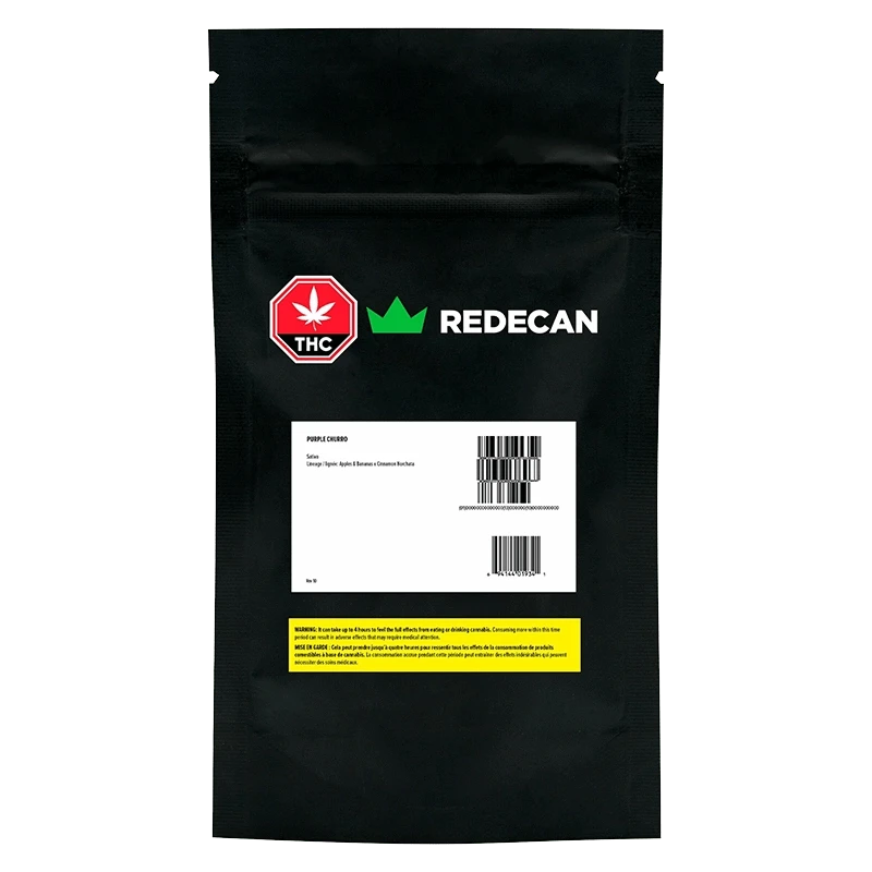 Center-front view of the black pouch labeled Purple Churro Redees PR 10 x 0.4 g with a white barcode panel, green crown logo, and red THC symbol.