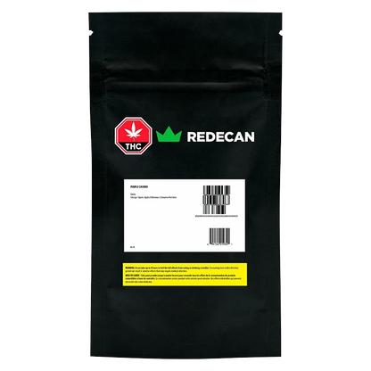 Center-front view of the black pouch labeled Purple Churro Redees PR 10 x 0.4 g with a white barcode panel, green crown logo, and red THC symbol.