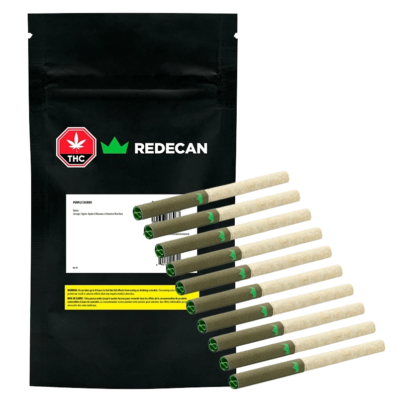 Front three-quarter view of a black pouch and eleven prerolled joints arranged diagonally, showing the packaging label and the green-accented Purple Churro Redees PR 10 x 0.4 g.