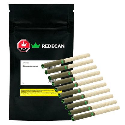 Front three-quarter view of a black pouch and eleven prerolled joints arranged diagonally, showing the packaging label and the green-accented Purple Churro Redees PR 10 x 0.4 g.