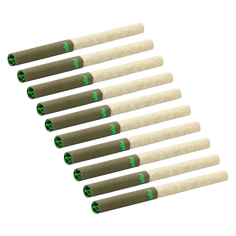 Angled top-down view of twelve Purple Churro Redees PR 10 x 0.4 g pre-rolled cones with green-tipped filters arranged in a staggered grid on a transparent background