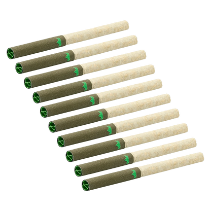 Angled top-down view of twelve Purple Churro Redees PR 10 x 0.4 g pre-rolled cones with green-tipped filters arranged in a staggered grid on a transparent background