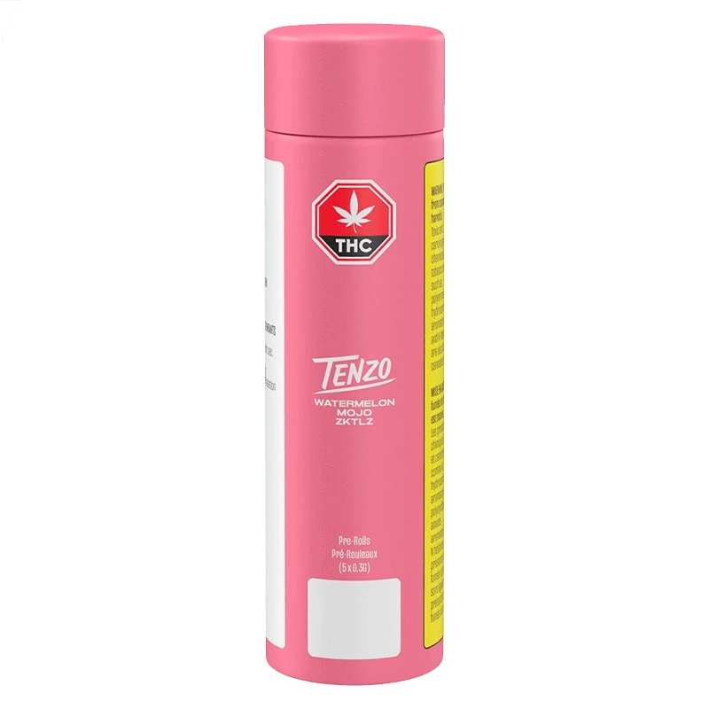 Centered front view of the pink Watermelon Mojo ZKTLZ PR 5 x 0.3 g tube showing the Tenzo logo, THC symbol, and side warning panel.