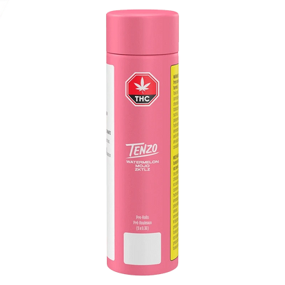 Centered front view of the pink Watermelon Mojo ZKTLZ PR 5 x 0.3 g tube showing the Tenzo logo, THC symbol, and side warning panel.