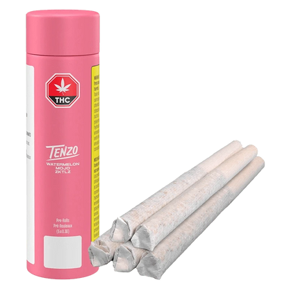 Left-front view of a pink Tenzo Watermelon Mojo ZKTLZ PR 5 x 0.3 g tube standing beside five white paper pre-rolls arranged in a neat stacked row.
