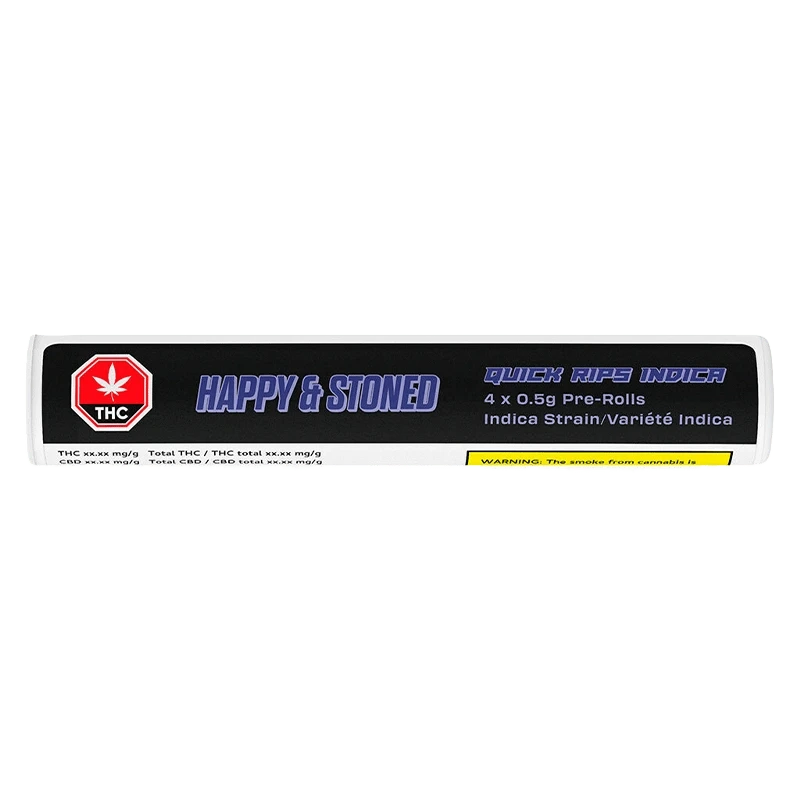 Front-facing shot of the Quick Rips PR 4 x 0.5 g black cylindrical tube labeled "HAPPY & STONED" with blue text and a red THC symbol.
