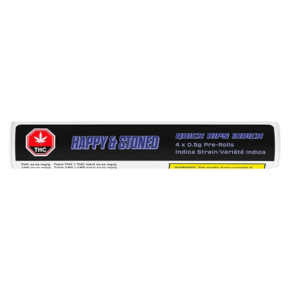 Front-facing shot of the Quick Rips PR 4 x 0.5 g black cylindrical tube labeled "HAPPY & STONED" with blue text and a red THC symbol.