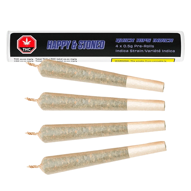 Top-down view of four cone pre-rolls in front of a white tube labeled "Quick Rips PR 4 x 0.5 g" with blue branding.