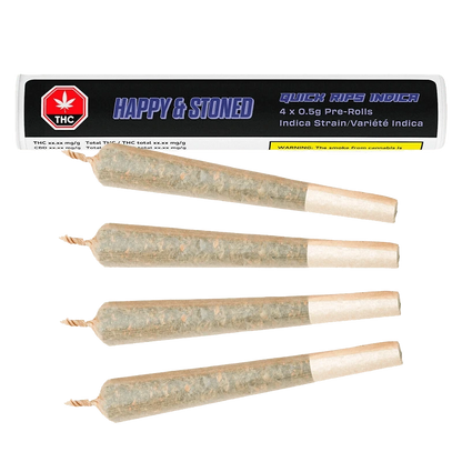 Top-down view of four cone pre-rolls in front of a white tube labeled "Quick Rips PR 4 x 0.5 g" with blue branding.
