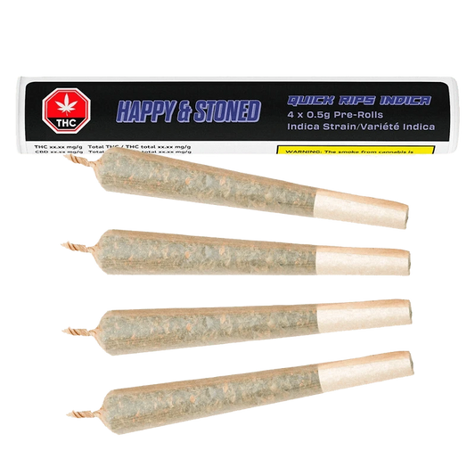 Top-down view of four cone pre-rolls in front of a white tube labeled "Quick Rips PR 4 x 0.5 g" with blue branding.