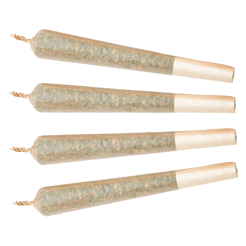 Top-down view of four twisted-end pre-rolls arranged in parallel featuring the Quick Rips PR 4 x 0.5 g.
