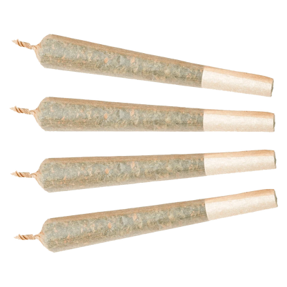 Top-down view of four twisted-end pre-rolls arranged in parallel featuring the Quick Rips PR 4 x 0.5 g.
