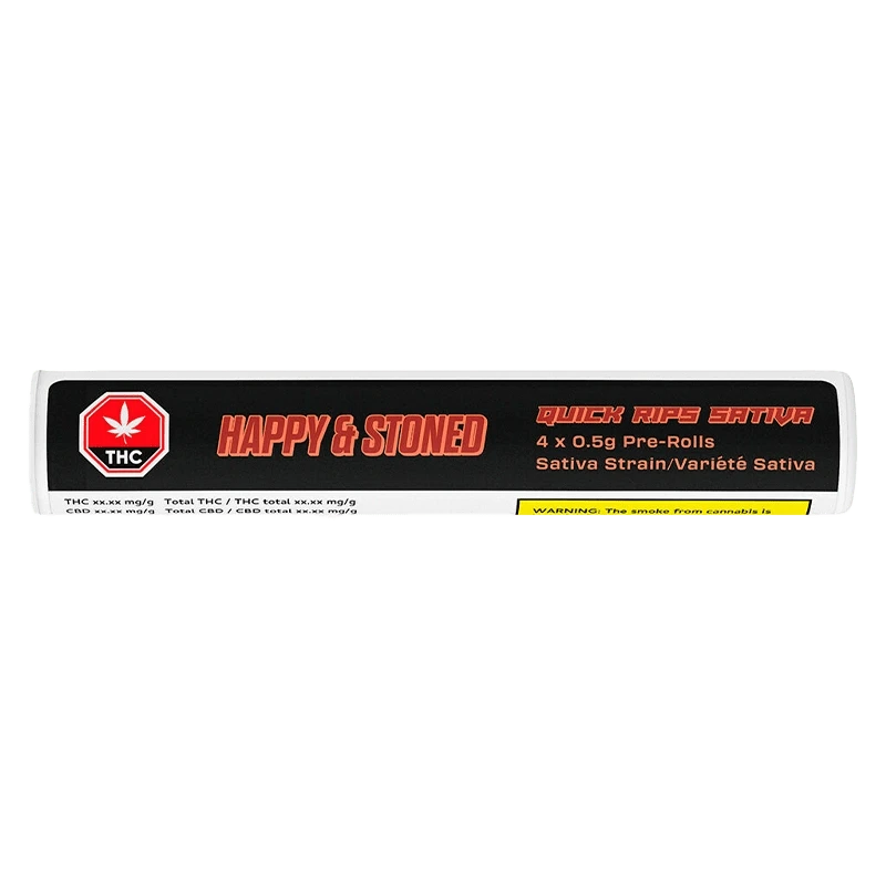 Long horizontal label photo of Quick Rips PR 4 x 0.5 g tube with bold "HAPPY & STONED" text on a black background and red accents