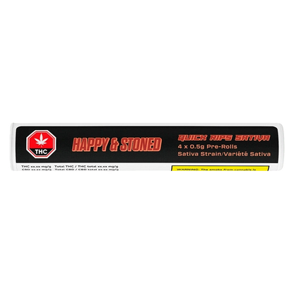 Long horizontal label photo of Quick Rips PR 4 x 0.5 g tube with bold "HAPPY & STONED" text on a black background and red accents