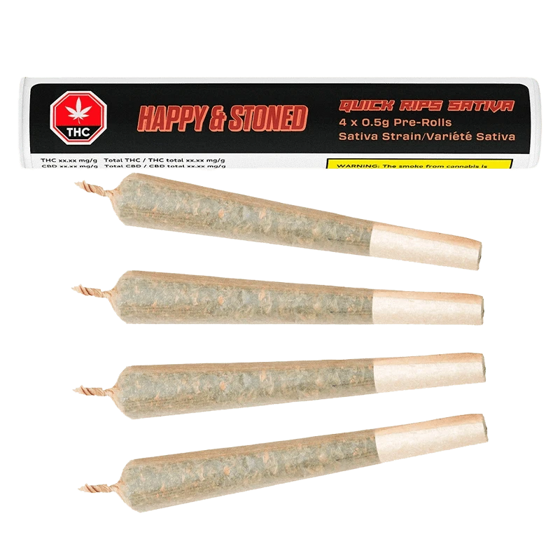 Top-down view of four twisted-end Quick Rips PR 4 x 0.5 g pre-rolls laid in a neat vertical row beneath their black and red branded tube.