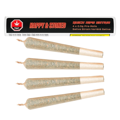 Top-down view of four twisted-end Quick Rips PR 4 x 0.5 g pre-rolls laid in a neat vertical row beneath their black and red branded tube.
