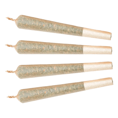 Top-down view of four twisted-tip Quick Rips PR 4 x 0.5 g pre-rolls aligned horizontally on a pale background.