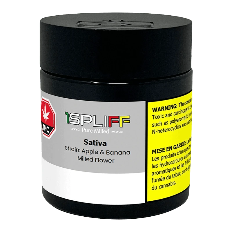 Front-facing shot of the Pure Milled Sativa black jar with a centered gray label reading "Sativa" and a yellow warning panel on the right.