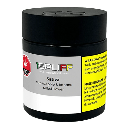 Front-facing shot of the Pure Milled Sativa black jar with a centered gray label reading "Sativa" and a yellow warning panel on the right.