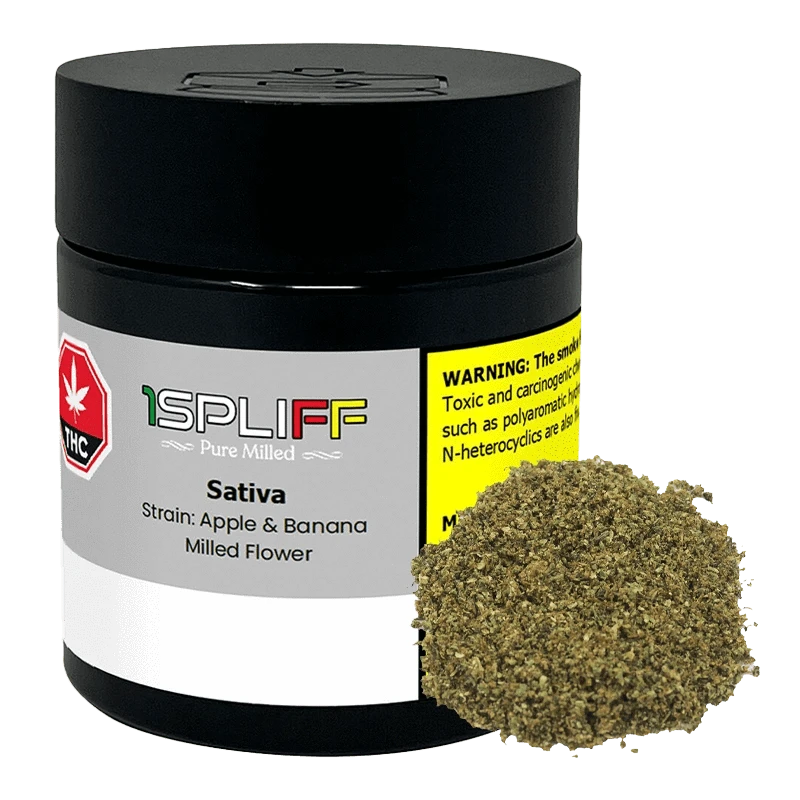 Front-facing shot of a black jar labeled "1SPLIFF Pure Milled Sativa" with a yellow warning panel and a loose mound of milled flower at its base