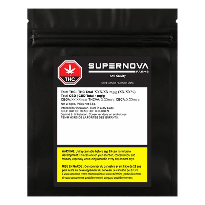 Front-facing shot of a black resealable pouch labeled "SUPERNOVA FARMS Anti-Gravity" with a white ingredient panel and yellow warning box.