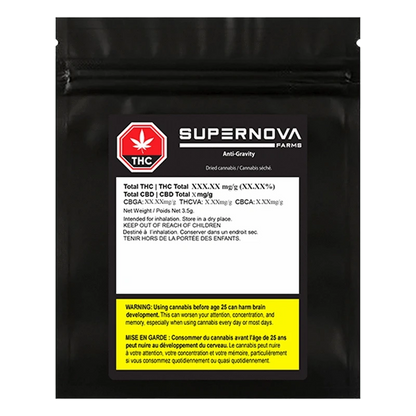 Front-facing shot of a black resealable pouch labeled "SUPERNOVA FARMS Anti-Gravity" with a white ingredient panel and yellow warning box.
