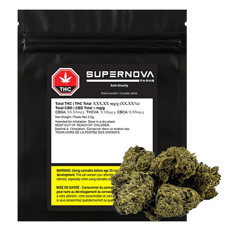 Front-facing black pouch with a label and a cluster of dried buds at lower right, showing the Supernova Farms Anti Gravity branding.