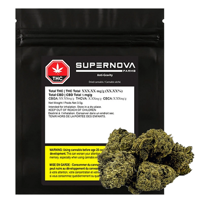 Front-facing black pouch with a label and a cluster of dried buds at lower right, showing the Supernova Farms Anti Gravity branding.