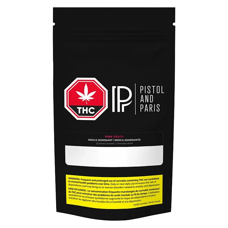 Front-facing shot of the Pistol and Paris "Pink Death" black resealable pouch with prominent red THC stop-sign logo and warning label at the base.