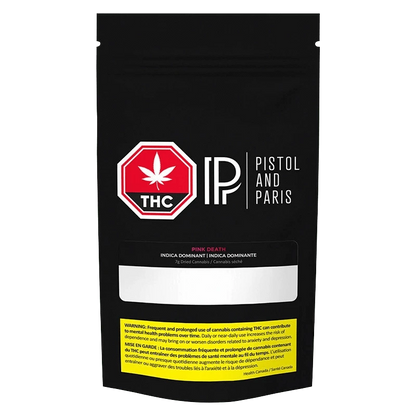 Front-facing shot of the Pistol and Paris "Pink Death" black resealable pouch with prominent red THC stop-sign logo and warning label at the base.