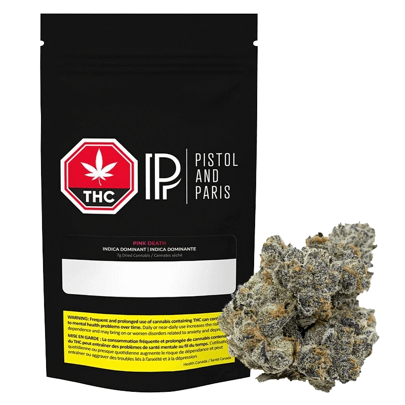 Front-facing black pouch and a close-up of a frosty bud beside it, showing the "Pistol and Paris Pink Death" branding on the pack.