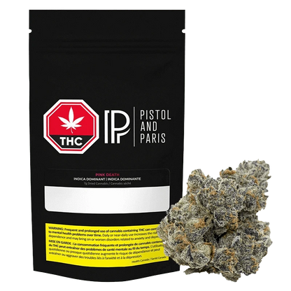 Front-facing black pouch and a close-up of a frosty bud beside it, showing the "Pistol and Paris Pink Death" branding on the pack.