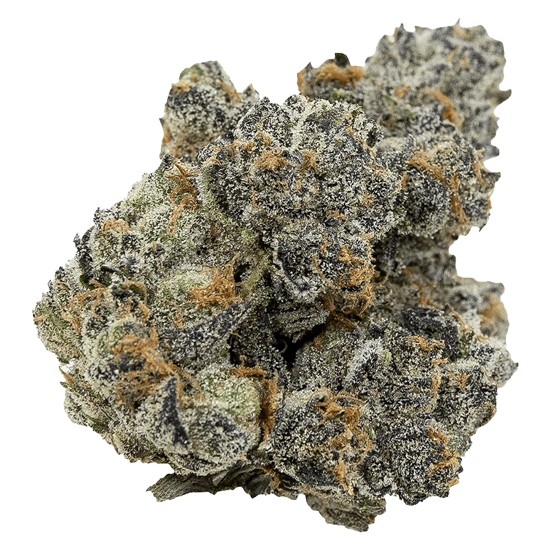 Close-up front view of a frosty bud labeled Pink Death showing dense purple-green nugs dusted with white trichomes and orange pistils.