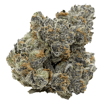 Close-up front view of a frosty bud labeled Pink Death showing dense purple-green nugs dusted with white trichomes and orange pistils.