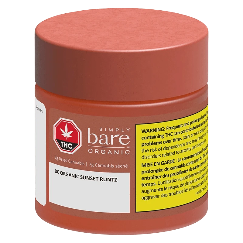 Front three-quarter view of a red jar labeled "BC Organic Sunset Runtz" from Simply Bare Organic with a yellow warning panel.