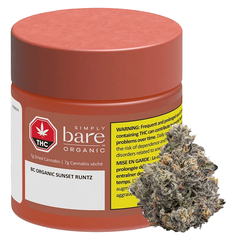 Three-quarter view of a red jar labeled BC Organic Sunset Runtz with a yellow warning panel and a cannabis bud positioned in front.