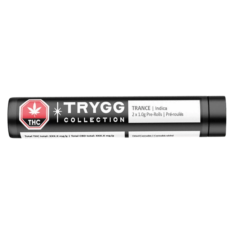 Horizontal studio shot of a black tube labeled "Trance PR 2 x 1 g" from the TRYGG Collection with white text and a red THC emblem.