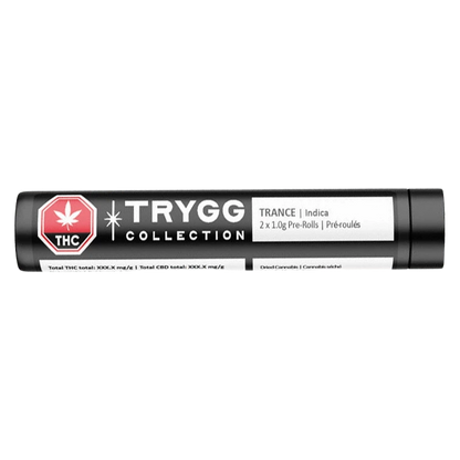 Horizontal studio shot of a black tube labeled "Trance PR 2 x 1 g" from the TRYGG Collection with white text and a red THC emblem.